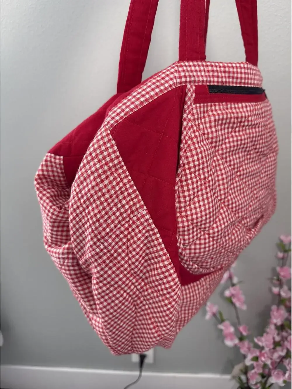 Handmade Gingham Market Tote Duffle Bag with Shoulder Strap